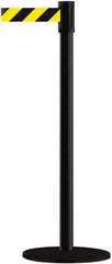 Tensator - 38" High, 2" Pole Diam, Barricade Tape Dispenser - 14" Base Diam, Round Plastic Base, Black Steel Post, 7-1/2' x 1-7/8" Tape, Single Line Tape, For Outdoor Use - Exact Industrial Supply