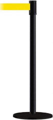 Tensator - 38" High, 2" Pole Diam, Barricade Tape Dispenser - 14" Base Diam, Round Plastic Base, Black Steel Post, 7-1/2' x 1-7/8" Tape, Single Line Tape, For Outdoor Use - Exact Industrial Supply