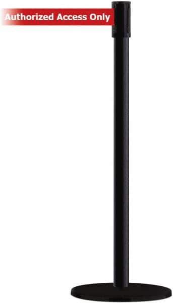 Tensator - 38" High, 2" Pole Diam, Barricade Tape Dispenser - 14" Base Diam, Round Plastic Base, Black Steel Post, 7-1/2' x 1-7/8" Tape, Single Line Tape, For Outdoor Use - Exact Industrial Supply