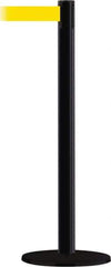 Tensator - 38" High, 2-1/2" Pole Diam, Barricade Tape Dispenser - 14" Base Diam, Round Stainless Steel Base, Black Steel Post, 13' x 1-7/8" Tape, Single Line Tape, For Outdoor Use - Exact Industrial Supply