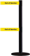 Tensator - 38" High, 2-1/2" Pole Diam, Barricade Tape Dispenser - 14" Base Diam, Round Plastic Base, Black Steel Post, 7-1/2' x 1-7/8" Tape, Dual Line Tape, For Outdoor Use - Exact Industrial Supply