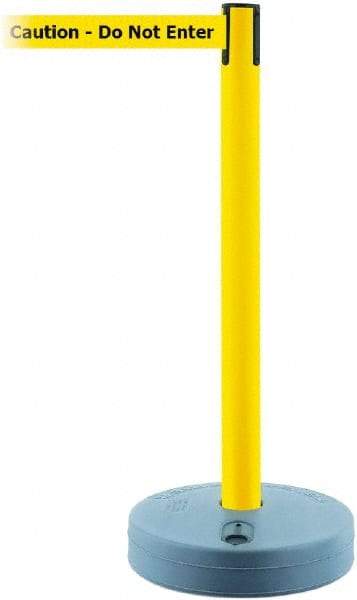 Tensator - 38" High, 2-1/2" Pole Diam, Barricade Tape Dispenser - 14" Base Diam, Round Plastic Base, Yellow Polymer Post, 7-1/2' x 1-7/8" Tape, Single Line Tape, For Outdoor Use - Exact Industrial Supply