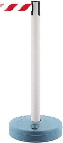 Tensator - 38" High, 2-1/2" Pole Diam, Barricade Tape Dispenser - 14" Base Diam, Round Plastic Base, White Polymer Post, 7-1/2' x 1-7/8" Tape, Single Line Tape, For Outdoor Use - Exact Industrial Supply