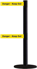 Tensator - 38" High, 2-1/2" Pole Diam, Barricade Tape Dispenser - 14" Base Diam, Round Plastic Base, Black Steel Post, 7-1/2' x 1-7/8" Tape, Dual Line Tape, For Outdoor Use - Exact Industrial Supply