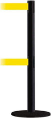 Tensator - 38" High, 2-1/2" Pole Diam, Barricade Tape Dispenser - 14" Base Diam, Round Plastic Base, Black Steel Post, 7-1/2' x 1-7/8" Tape, Dual Line Tape, For Outdoor Use - Exact Industrial Supply