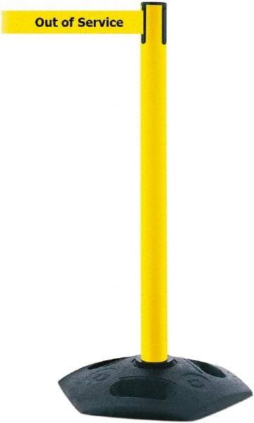 Tensator - 38" High, 2-1/2" Pole Diam, Barricade Tape Dispenser - 14" Base Diam, Round Rubber Base, Yellow Polymer Post, 7-1/2' x 1-7/8" Tape, Single Line Tape, For Outdoor Use - Exact Industrial Supply