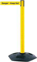Tensator - 38" High, 2-1/2" Pole Diam, Barricade Tape Dispenser - 14" Base Diam, Round Rubber Base, Yellow Polymer Post, 7-1/2' x 1-7/8" Tape, Single Line Tape, For Outdoor Use - Exact Industrial Supply