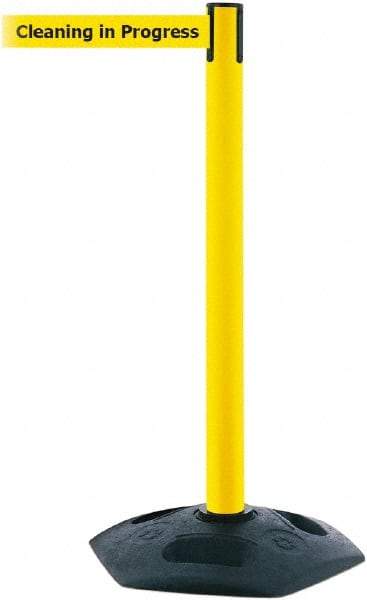 Tensator - 38" High, 2-1/2" Pole Diam, Barricade Tape Dispenser - 14" Base Diam, Round Rubber Base, Yellow Polymer Post, 7-1/2' x 1-7/8" Tape, Single Line Tape, For Outdoor Use - Exact Industrial Supply