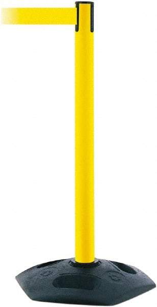 Tensator - 38" High, 2-1/2" Pole Diam, Barricade Tape Dispenser - 14" Base Diam, Round Rubber Base, Yellow Polymer Post, 7-1/2' x 1-7/8" Tape, Single Line Tape, For Outdoor Use - Exact Industrial Supply