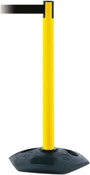 Tensator - 38" High, 2-1/2" Pole Diam, Barricade Tape Dispenser - 14" Base Diam, Round Rubber Base, Yellow Polymer Post, 7-1/2' x 1-7/8" Tape, Single Line Tape, For Outdoor Use - Exact Industrial Supply