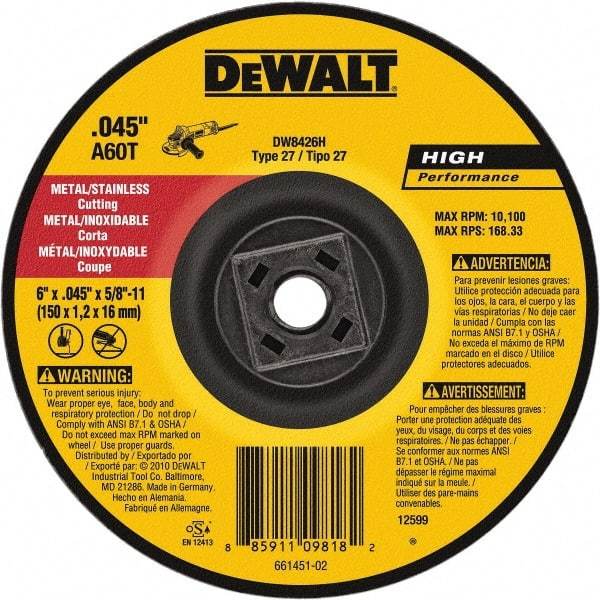 DeWALT - 60 Grit, 6" Wheel Diam, Type 27 Depressed Center Wheel - Aluminum Oxide, Resinoid Bond, 10,100 Max RPM - Exact Industrial Supply