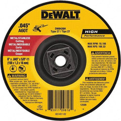 DeWALT - 60 Grit, 6" Wheel Diam, Type 27 Depressed Center Wheel - Aluminum Oxide, Resinoid Bond, 10,100 Max RPM - Exact Industrial Supply