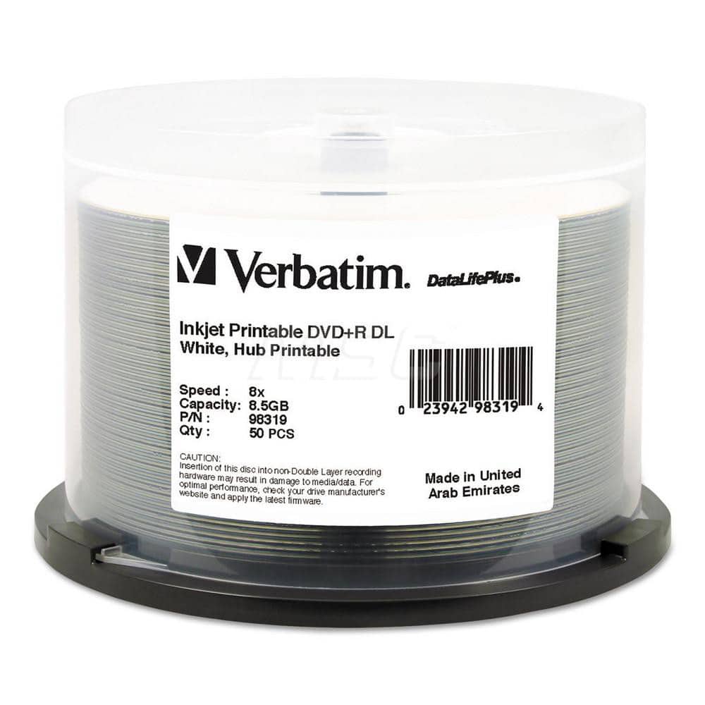 Verbatim - Office Machine Supplies & Accessories; Office Machine/Equipment Accessory Type: DVD+R Disc ; For Use With: 8X DVD+R DL Drives ; Color: White - Exact Industrial Supply