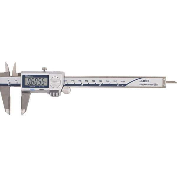Mitutoyo - 0 to 6" Range 0.01mm Resolution, Electronic Caliper - Steel with 40mm Carbide-Tipped Jaws, 0.001" Accuracy - Exact Industrial Supply