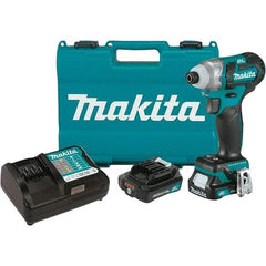 Makita - 12 Volt, 1/4" Drive, 100 Ft/Lb Torque, Cordless Impact Driver - Pistol Grip Handle, 3000 RPM, 2 Lithium-Ion Batteries Included - Exact Industrial Supply