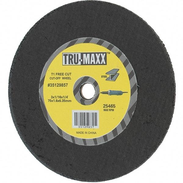 Tru-Maxx - 3" 36 Grit Aluminum Oxide Cutoff Wheel - 1/16" Thick, 1/4" Arbor, Use with Die Grinders - Exact Industrial Supply