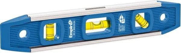 Empire Level - Magnetic 9" Long 3 Vial Torpedo Level - Aluminum, Blue, 1 Plumb, 1 Level & 1 45° Vials - Exact Industrial Supply