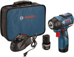 Bosch - 3/8" Drive 12 Volt Pistol Grip Cordless Impact Wrench & Ratchet - 1,200/2,600 RPM, 0 to 3,100 BPM, 85 Ft/Lb Torque, 2 Lithium-Ion Batteries Included - Exact Industrial Supply