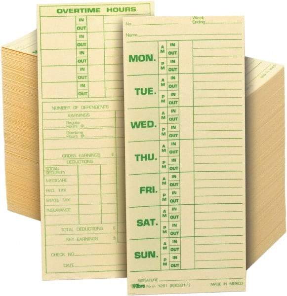 TOPS - 8-1/2" High x 3-1/2" Wide Weekly Time Cards - Manila, Use with Pyramid 331-10 - Exact Industrial Supply