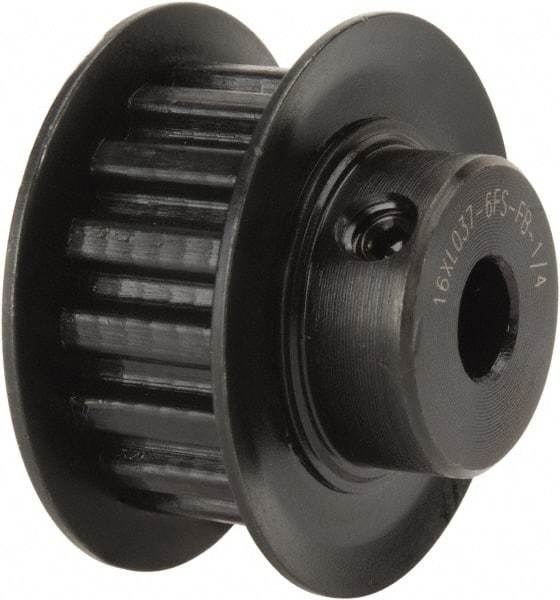 Power Drive - 16 Tooth, 1/4" Inside x 1" Outside Diam, Timing Belt Pulley - 1/4, 3/8" Belt Width, 1.019" Pitch Diam, Steel & Cast Iron - Exact Industrial Supply