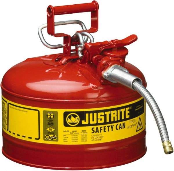 Justrite - 2.5 Gal Galvanized Steel Type II Safety Can - 12" High x 11-3/4" Diam, Red with Yellow - Exact Industrial Supply