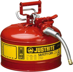 Justrite - 2 Gal Galvanized Steel Type II Safety Can - 13-1/4" High x 9-1/2" Diam, Red with Yellow - Exact Industrial Supply
