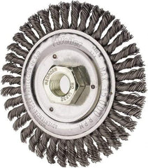 Weiler - 4-1/2" OD, 5/8" Arbor Hole, Knotted Steel Wheel Brush - 3/16" Face Width, 7/8" Trim Length, 0.02" Filament Diam, 12,500 RPM - Exact Industrial Supply
