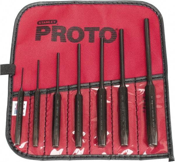 Proto - 7 Piece, 1/16 to 1/4", Pin Punch Set - Hex Shank, Steel, Comes in Tool Roll - Exact Industrial Supply