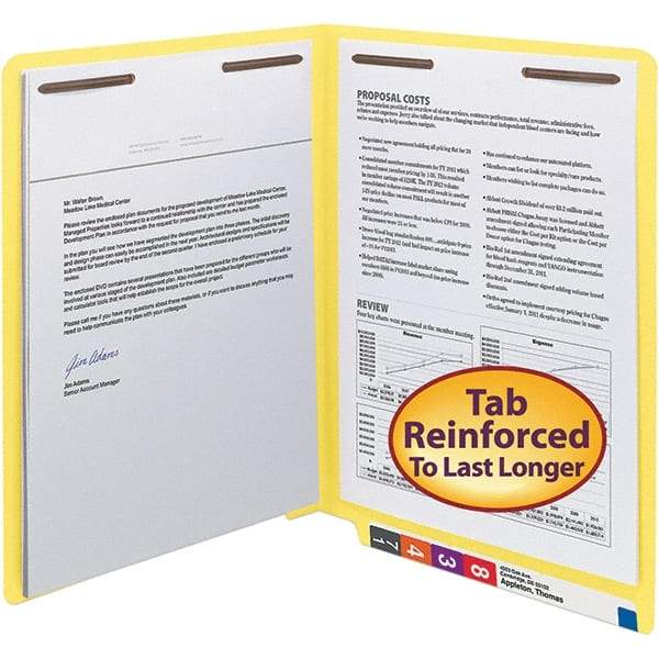 SMEAD - 12-1/4 x 9-1/2", Letter Size, Yellow, File Folders with End Tab - 11 Point Stock, Straight Tab Cut Location - Exact Industrial Supply