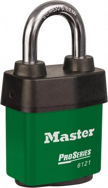 Master Lock - 1-1/8" Shackle Clearance, Keyed Different Padlock - 5/16" Shackle Diam, Laminated Steel - Exact Industrial Supply