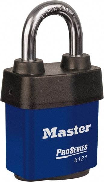 Master Lock - 1-1/8" Shackle Clearance, Keyed Different Padlock - 5/16" Shackle Diam, Laminated Steel - Exact Industrial Supply