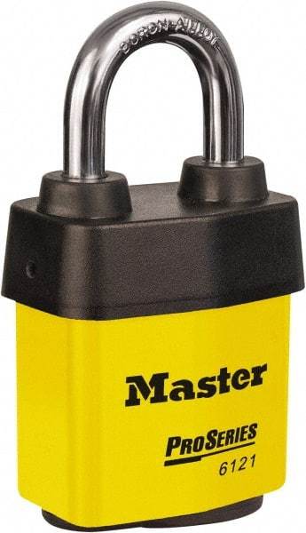 Master Lock - 1-1/8" Shackle Clearance, Keyed Different Padlock - 5/16" Shackle Diam, Laminated Steel - Exact Industrial Supply