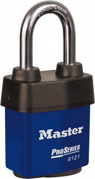 Master Lock - 1-1/2" Shackle Clearance, Keyed Different Padlock - 5/16" Shackle Diam, Laminated Steel - Exact Industrial Supply