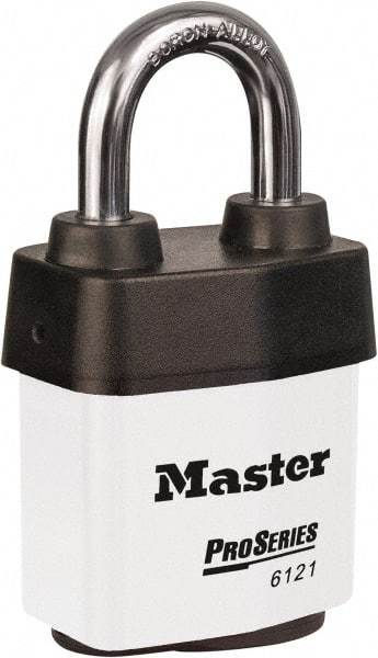 Master Lock - 1-1/8" Shackle Clearance, Keyed Different Padlock - 5/16" Shackle Diam, Laminated Steel - Exact Industrial Supply