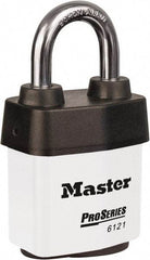 Master Lock - 1-1/8" Shackle Clearance, Keyed Different Padlock - 5/16" Shackle Diam, Laminated Steel - Exact Industrial Supply