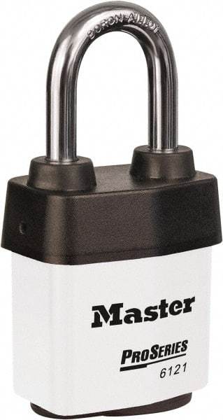Master Lock - 1-1/2" Shackle Clearance, Keyed Different Padlock - 5/16" Shackle Diam, Laminated Steel - Exact Industrial Supply