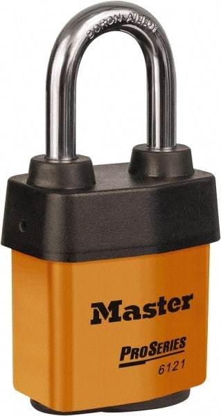 Master Lock - 1-1/2" Shackle Clearance, Keyed Different Padlock - 5/16" Shackle Diam, Laminated Steel - Exact Industrial Supply
