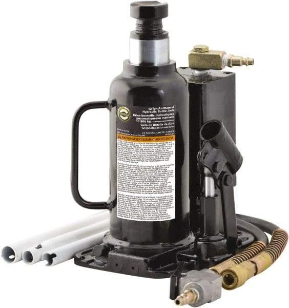 Omega Lift Equipment - 12 Ton Capacity Hydraulic Bottle Jack - 9-1/2" to 18-1/2" High, 9" Piston Stroke, 6-1/4" Long x 7-7/8" Wide Base - Exact Industrial Supply