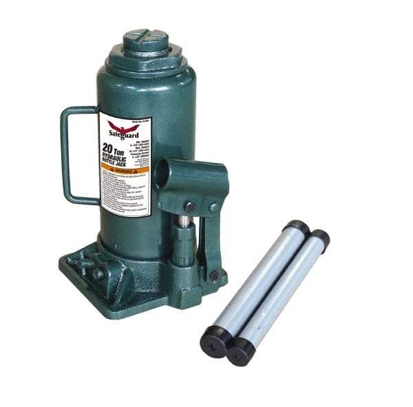 Safeguard - 20 Ton Capacity Hydraulic Bottle Jack - 9-1/2" to 17-3/4" High, 5.91" Piston Stroke, 1-7/8" Screw Length, 1.42" Screw Diam, 2.09" Plunger Diam, 5-15/16" Long x 6-1/4" Wide Base - Exact Industrial Supply