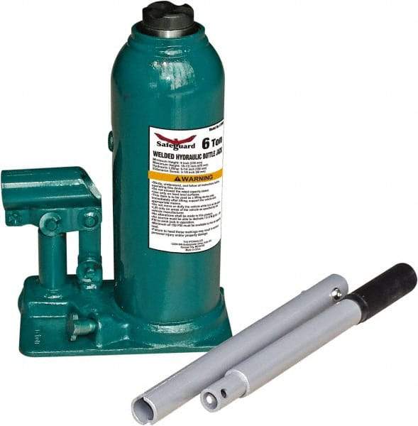 Safeguard - 6 Ton Capacity Hydraulic Bottle Jack - 9" to 18.6" High, 6.3" Piston Stroke, 3-1/8" Screw Length, 0.94" Screw Diam, 1.38" Plunger Diam, 3-1/2" Long x 5-15/16" Wide Base - Exact Industrial Supply