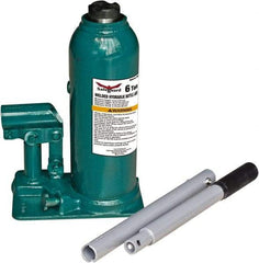 Safeguard - 6 Ton Capacity Hydraulic Bottle Jack - 9" to 18.6" High, 6.3" Piston Stroke, 3-1/8" Screw Length, 0.94" Screw Diam, 1.38" Plunger Diam, 3-1/2" Long x 5-15/16" Wide Base - Exact Industrial Supply