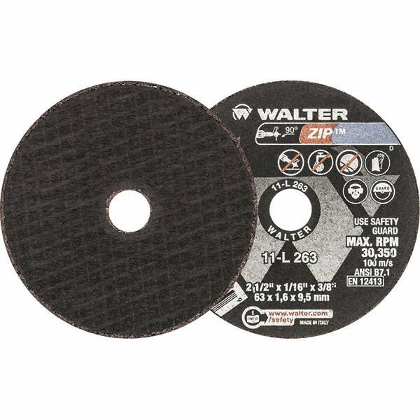 WALTER Surface Technologies - 2-1/2" 24 Grit Aluminum Oxide Cutoff Wheel - 1/16" Thick, 3/8" Arbor, 30,350 Max RPM, Use with Die Grinders - Exact Industrial Supply