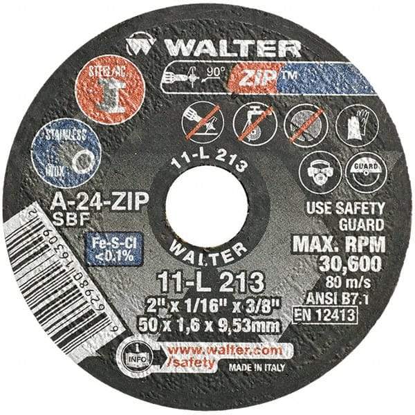 WALTER Surface Technologies - 2" 24 Grit Aluminum Oxide Cutoff Wheel - 1/16" Thick, 3/8" Arbor, 30,600 Max RPM, Use with Die Grinders - Exact Industrial Supply