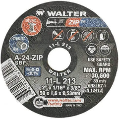 WALTER Surface Technologies - 2" 24 Grit Aluminum Oxide Cutoff Wheel - 1/16" Thick, 3/8" Arbor, 30,600 Max RPM, Use with Die Grinders - Exact Industrial Supply