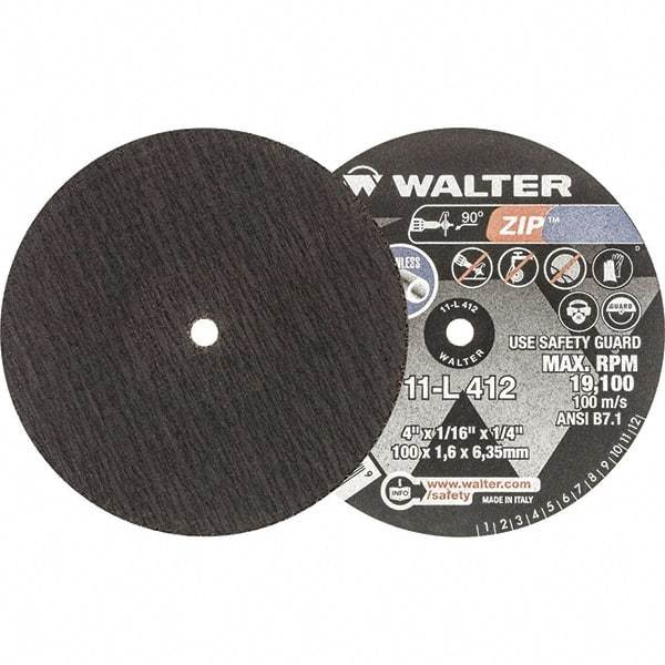 WALTER Surface Technologies - 4" 24 Grit Aluminum Oxide Cutoff Wheel - 1/16" Thick, 1/4" Arbor, 19,100 Max RPM, Use with Die Grinders - Exact Industrial Supply