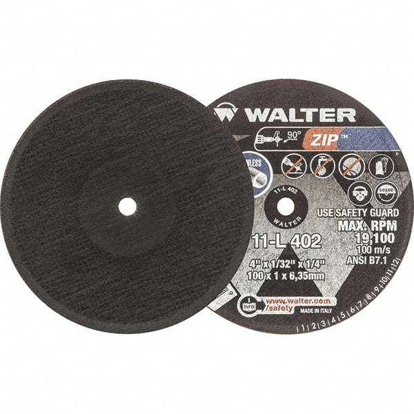 WALTER Surface Technologies - 4" 60 Grit Aluminum Oxide Cutoff Wheel - 1/32" Thick, 1/4" Arbor, 19,100 Max RPM, Use with Die Grinders - Exact Industrial Supply