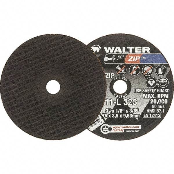 WALTER Surface Technologies - 3" 24 Grit Aluminum Oxide Cutoff Wheel - 1/8" Thick, 3/8" Arbor, 20,000 Max RPM, Use with Die Grinders - Exact Industrial Supply