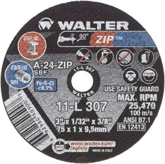 WALTER Surface Technologies - 3" 24 Grit Aluminum Oxide Cutoff Wheel - 1/32" Thick, 3/8" Arbor, 25,470 Max RPM, Use with Die Grinders - Exact Industrial Supply