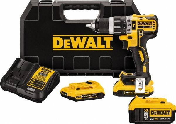 DeWALT - 20 Volt 1/2" Metal Single Sleeve w Carbide Jaws Ratcheting Chuck Chuck Cordless Hammer Drill - 0 to 34,000 BPM, 0 to 500 & 0 to 2,000 RPM, Reversible, Mid-Handle - Exact Industrial Supply