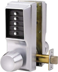 Kaba Access - 1-3/4 to 2-1/4" Door Thickness, Satin Chrome Pushbutton Knob Lockset - 2-3/4" Back Set, 1 Code, Zamak3, Nonkey Override Cylinder - Exact Industrial Supply